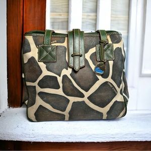 Dooney & Bourke Giraffe Canvas Shoulder Bag Purse Tote with Rare green leather
